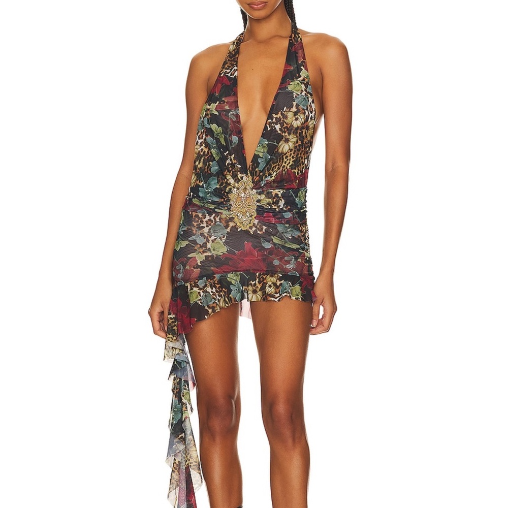 Multicolor Halter Dress with Asymmetrical Hem